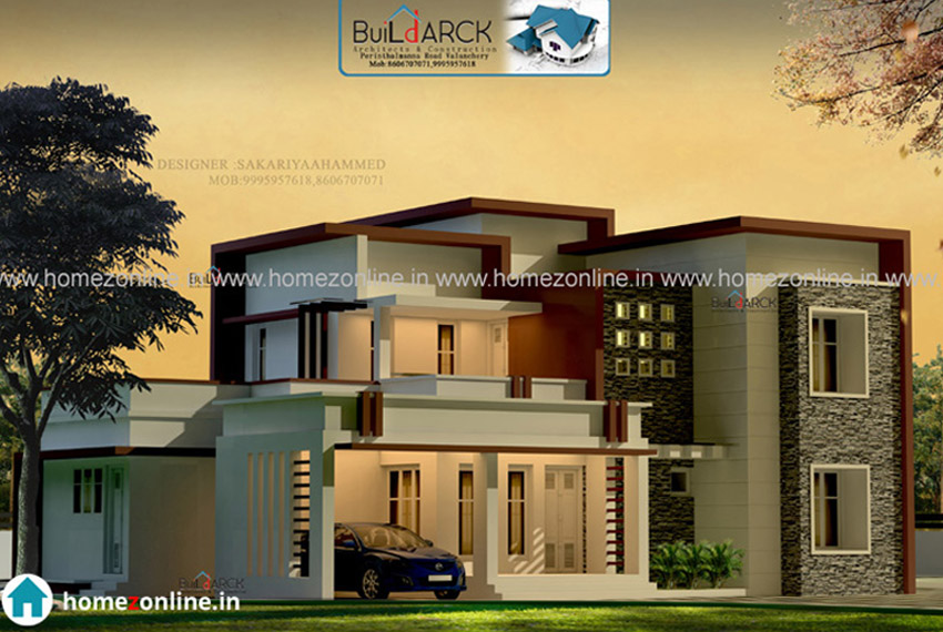 Double storey home plan on flat roof design