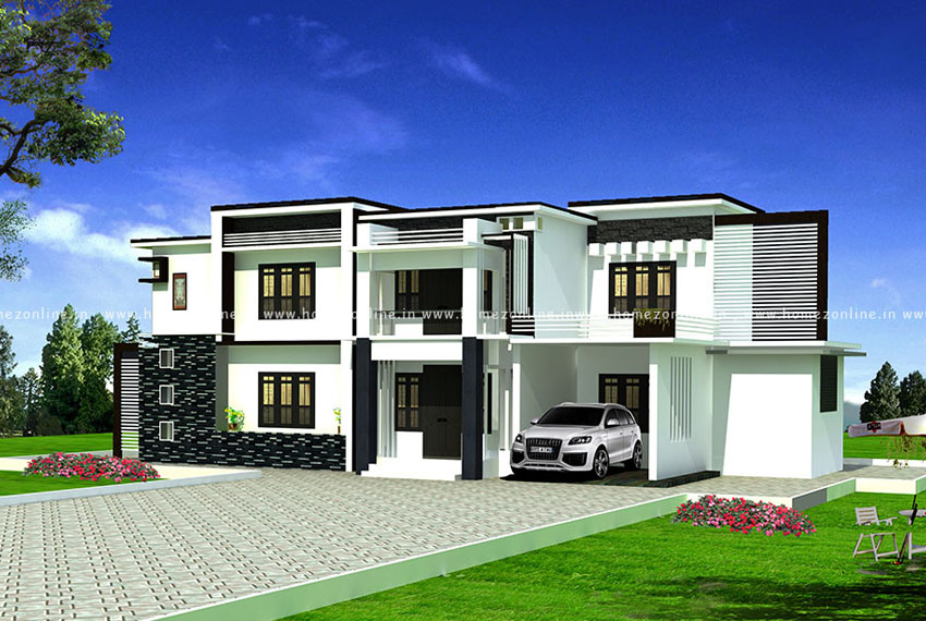 4 BHK house design on modern flat roof