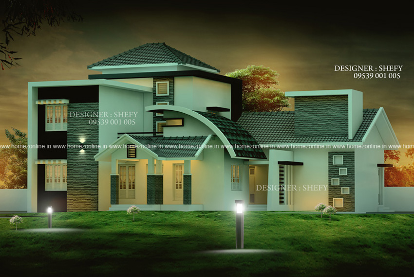 Duplex house front elevation on modern roof design