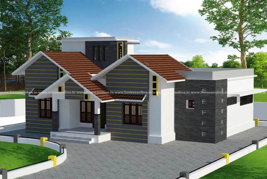 3BHK home design on modern mixed roof style