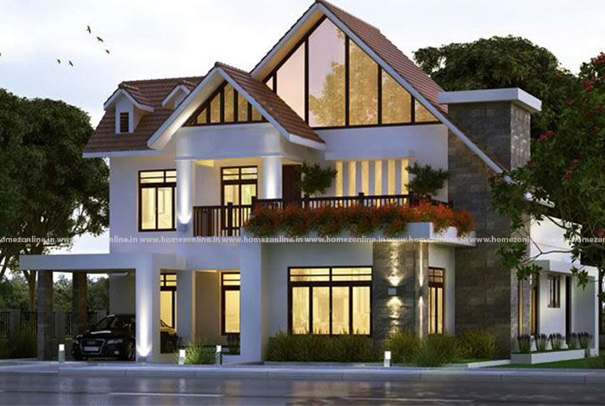 Decorative modern duplex home on gable roof design