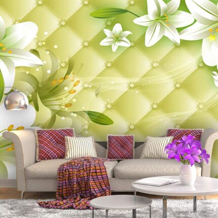 3D White Flowers and Green Leaves Wallpaper