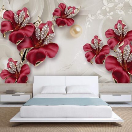 3D red Flowers and Pearly Leaves Wallpaper