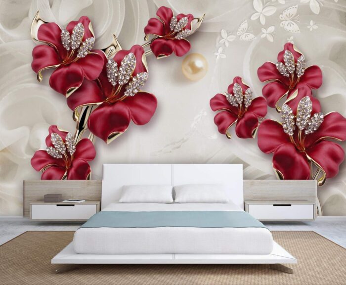 3D red Flowers and Pearly Leaves Wallpaper