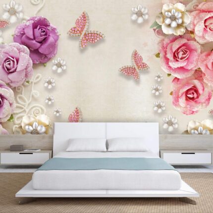 Multi Color Roses and Flying Butterfly Wallpaper