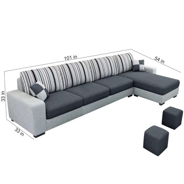 FURNY Lunoy 5 Seater RHS Fabric L Shape Sofa Set with 2 Puffy (Dark Gr... - Image 2