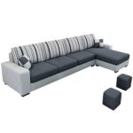 FURNY Lunoy 5 Seater RHS Fabric L Shape Sofa Set with 2 Puffy (Dark Gr... - Image 3