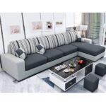 FURNY Lunoy 5 Seater RHS Fabric L Shape Sofa Set with 2 Puffy (Dark Gr...