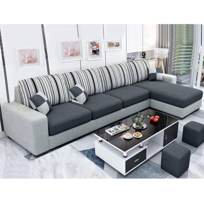 FURNY Lunoy 5 Seater RHS Fabric L Shape Sofa Set with 2 Puffy (Dark Gr... - Image 1