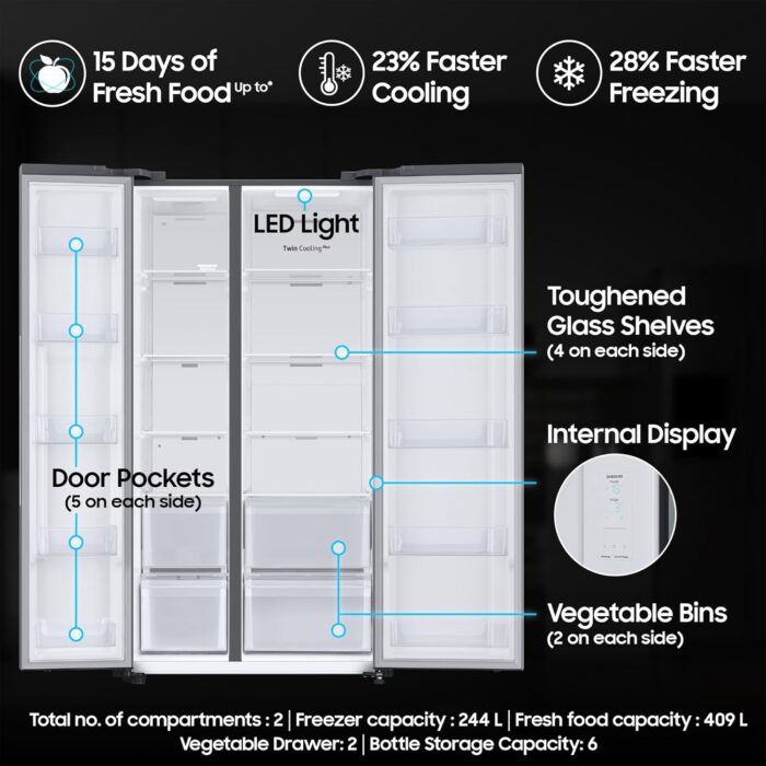 Samsung 653 L, 3 Star, Frost Free, Double Door, Convertible 5-in-1 Dig... - Image 3
