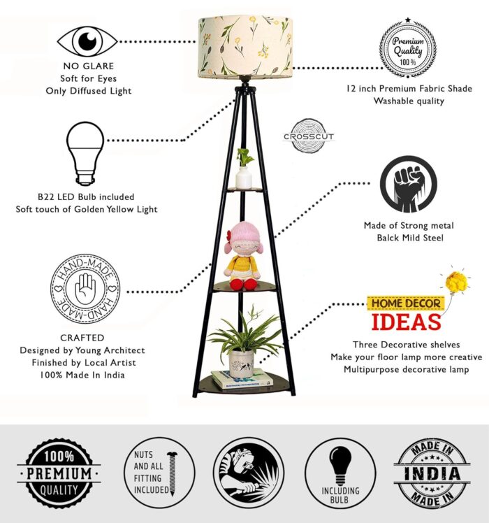 Crosscut Furniture Metal Floor Lamp with 3 Shelves (Farm Petal) LED Bu... - Image 5