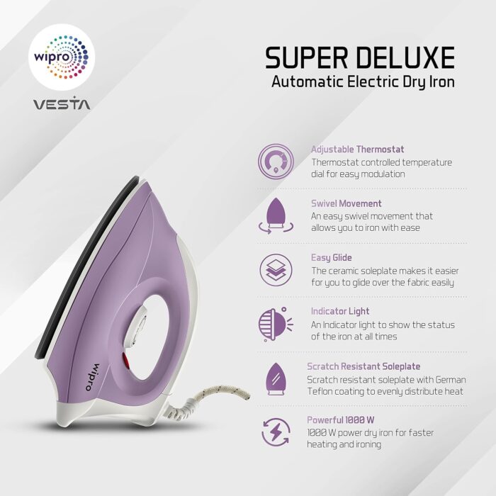 Wipro Gd205 Super Deluxe 1000 Watt Automatic Electric Dry Iron | Large... - Image 2