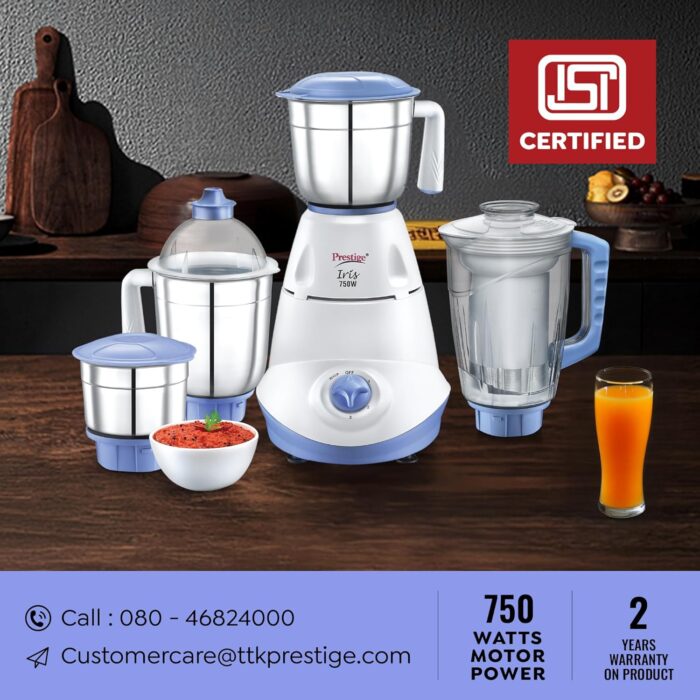 Prestige Iris 750 Watt Mixer Grinder with 3 Stainless Steel Jar + 1 Ju... - Image 6