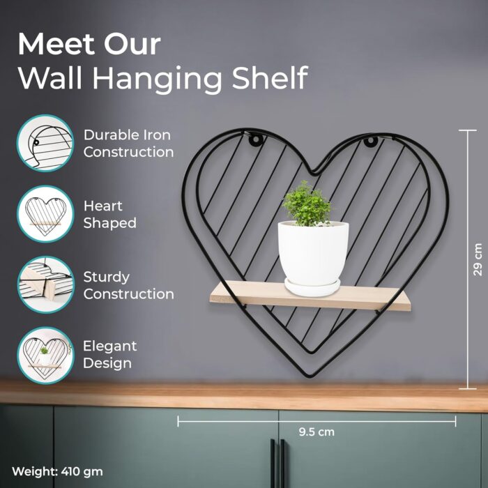 The Better Home Hanging Shelf-Heart/Iron Frame & Pinewood Rack/Wall Sh... - Image 2